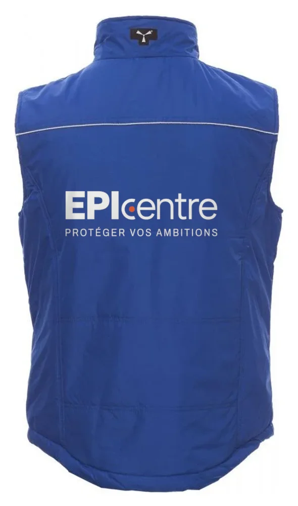 Gilet bleu roi vu de dos, logo EPIcentre en marquage DTF