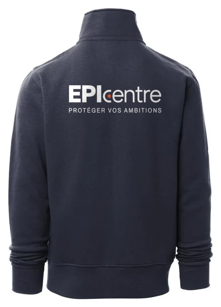 Sweat bleu marine vu de dos, grand logo EPIcentre en marquage DTF
